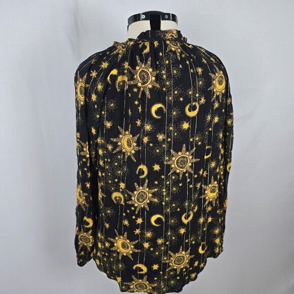 Torrid Blouse Women's 1X Black Gold Moon Print Long Sleeve Tie Mock Neck NWT - Picture 15 of 16